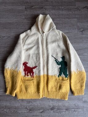 Handknit Cream & Yellow Zip Sweater with Green Hunter and Red Dog Motif cowichan